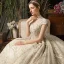 Vintage Champagner Durchsichtige Brautkleider / Hochzeitskleider 2019 Ballkleid Stehkragen Ärmel Rückenfreies Applikationen Spitze Perlenstickerei Strass Kathedrale Schleppe Rüschen