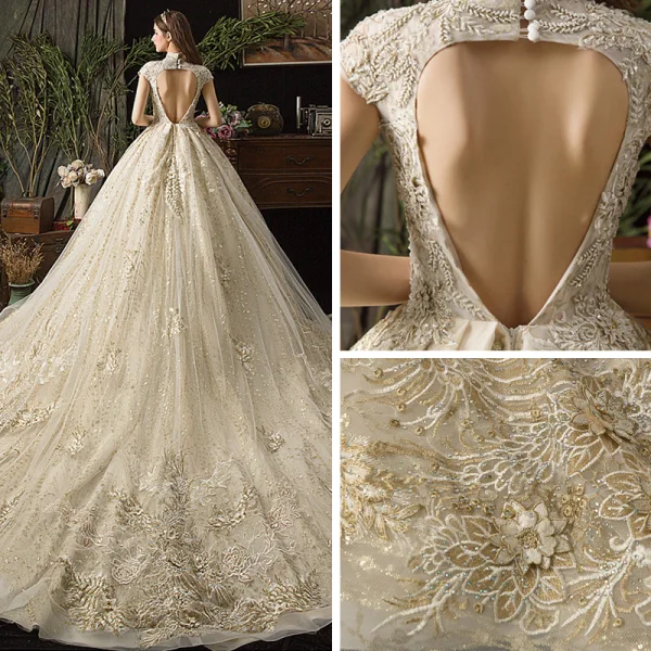 Vintage Champagner Durchsichtige Brautkleider / Hochzeitskleider 2019 Ballkleid Stehkragen Ärmel Rückenfreies Applikationen Spitze Perlenstickerei Strass Kathedrale Schleppe Rüschen