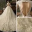 Vintage Champagner Durchsichtige Brautkleider / Hochzeitskleider 2019 Ballkleid Stehkragen Ärmel Rückenfreies Applikationen Spitze Perlenstickerei Strass Kathedrale Schleppe Rüschen