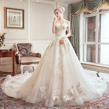 Classy Ivory Wedding Dresses 2019 A Line Princess Off The Shoulder Short Sleeve Backless Appliques Lace Beading Pearl Rhinestone Chapel Train Ruffle