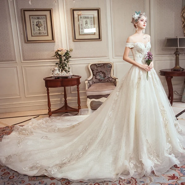 Classy Ivory Wedding Dresses 2019 A-Line / Princess Off-The-Shoulder Short Sleeve Backless Appliques Lace Beading Pearl Rhinestone Chapel Train Ruffle