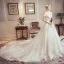 Classy Ivory Wedding Dresses 2019 A-Line / Princess Off-The-Shoulder Short Sleeve Backless Appliques Lace Beading Pearl Rhinestone Chapel Train Ruffle