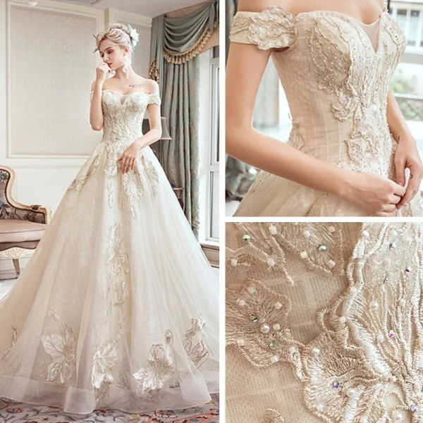 Classy Ivory Wedding Dresses 2019 A-Line / Princess Off-The-Shoulder Short Sleeve Backless Appliques Lace Beading Pearl Rhinestone Chapel Train Ruffle