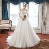 Elegant Ivory Outdoor / Garden Wedding Dresses 2019 A-Line / Princess Off-The-Shoulder Puffy Short Sleeve Backless Appliques Lace Sweep Train Ruffle