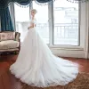 Elegant Ivory Outdoor / Garden Wedding Dresses 2019 A-Line / Princess Off-The-Shoulder Puffy Short Sleeve Backless Appliques Lace Sweep Train Ruffle
