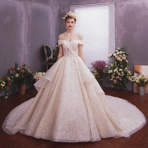 Bling Bling Champagne Wedding Dresses 2019 A Line Princess Off The Shoulder Short Sleeve Backless Glitter Sequins Cathedral Train Ruffle
