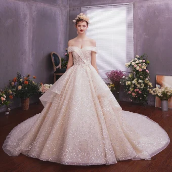 Bling Bling Champagne Wedding Dresses 2019 A Line Princess Off The Shoulder Short Sleeve Backless Glitter Sequins Cathedral Train Ruffle