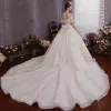 Chic / Beautiful Champagne Lace Wedding Dresses 2019 A-Line / Princess Off-The-Shoulder Bell sleeves Backless Bow Appliques Lace Beading Chapel Train
