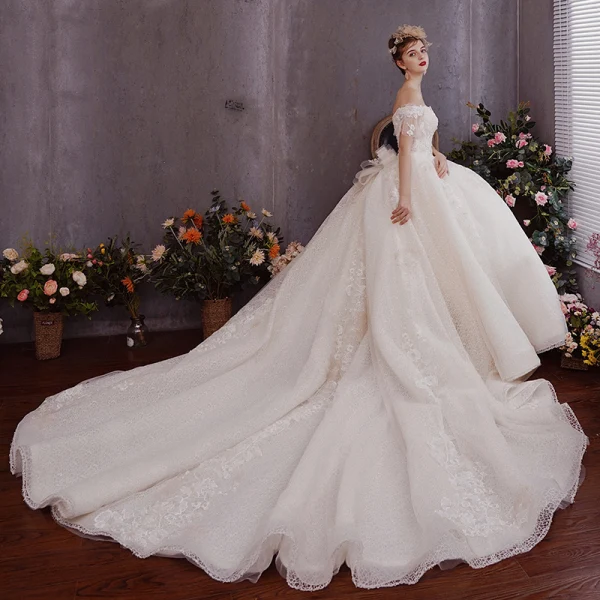 Chic / Beautiful Champagne Lace Wedding Dresses 2019 A-Line / Princess Off-The-Shoulder Bell sleeves Backless Bow Appliques Lace Beading Chapel Train