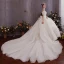 Chic / Beautiful Champagne Lace Wedding Dresses 2019 A-Line / Princess Off-The-Shoulder Bell sleeves Backless Bow Appliques Lace Beading Chapel Train