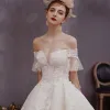Chic / Beautiful Champagne Lace Wedding Dresses 2019 A-Line / Princess Off-The-Shoulder Bell sleeves Backless Bow Appliques Lace Beading Chapel Train