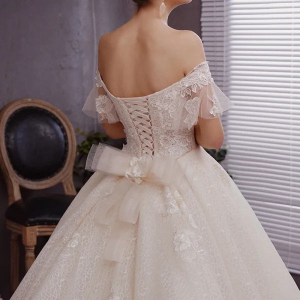 Chic / Beautiful Champagne Lace Wedding Dresses 2019 A-Line / Princess Off-The-Shoulder Bell sleeves Backless Bow Appliques Lace Beading Chapel Train