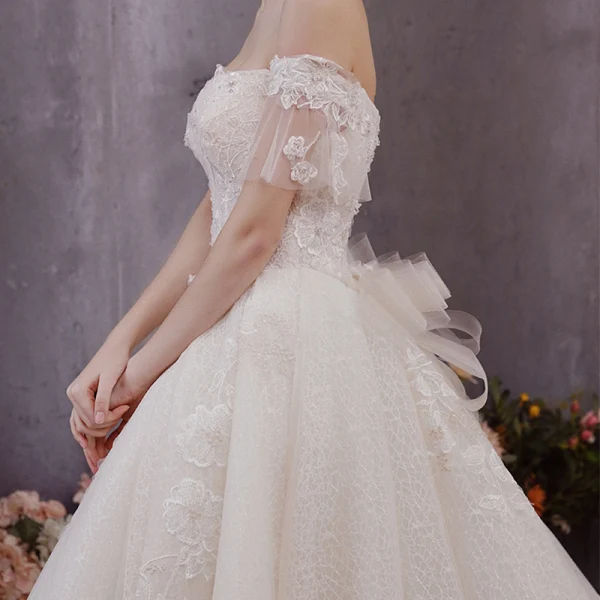 Chic / Beautiful Champagne Lace Wedding Dresses 2019 A-Line / Princess Off-The-Shoulder Bell sleeves Backless Bow Appliques Lace Beading Chapel Train