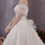 Chic / Beautiful Champagne Lace Wedding Dresses 2019 A-Line / Princess Off-The-Shoulder Bell sleeves Backless Bow Appliques Lace Beading Chapel Train