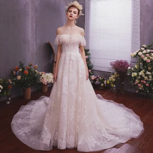 Élégant Champagne Robe De Mariée 2019 Princesse Transparentes Encolure Dégagée Manches Courtes Dos Nu Appliques En Dentelle Plumes Glitter Tulle Tribunal Train Volants