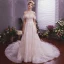 Élégant Champagne Robe De Mariée 2019 Princesse Transparentes Encolure Dégagée Manches Courtes Dos Nu Appliques En Dentelle Plumes Glitter Tulle Tribunal Train Volants