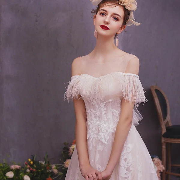 Élégant Champagne Robe De Mariée 2019 Princesse Transparentes Encolure Dégagée Manches Courtes Dos Nu Appliques En Dentelle Plumes Glitter Tulle Tribunal Train Volants