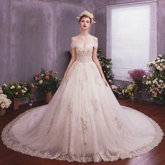 Elegant Champagne Wedding Dresses 2019 A Line Princess Off The Shoulder Short Sleeve Backless Appliques Lace Beading Sequins Glitter Tulle Chapel Train Ruffle