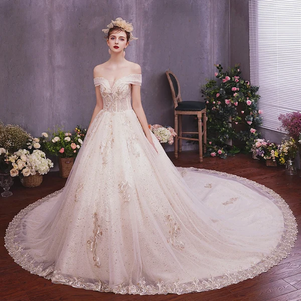 Elegant Champagne Wedding Dresses 2019 A-Line / Princess Off-The-Shoulder Short Sleeve Backless Appliques Lace Beading Sequins Glitter Tulle Chapel Train Ruffle