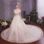 Elegant Champagne Wedding Dresses 2019 A-Line / Princess Off-The-Shoulder Short Sleeve Backless Appliques Lace Beading Sequins Glitter Tulle Chapel Train Ruffle