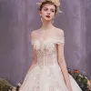 Elegant Champagne Wedding Dresses 2019 A-Line / Princess Off-The-Shoulder Short Sleeve Backless Appliques Lace Beading Sequins Glitter Tulle Chapel Train Ruffle
