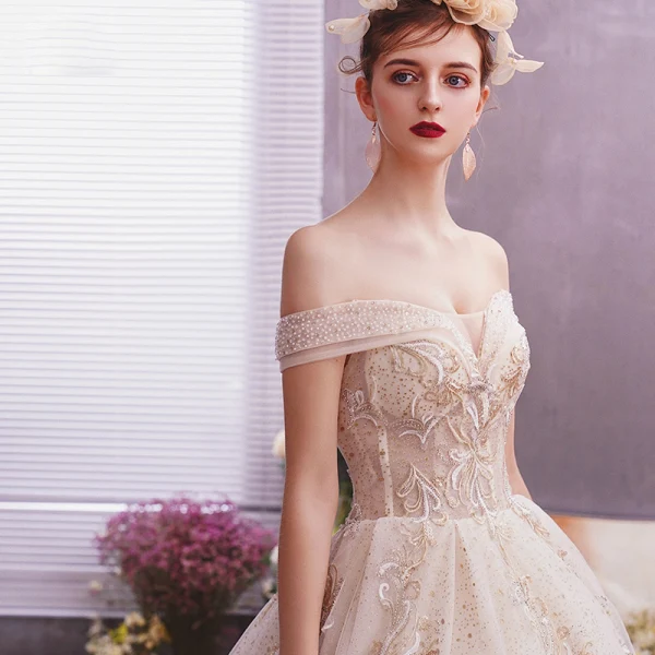 Elegant Champagne Wedding Dresses 2019 A-Line / Princess Off-The-Shoulder Short Sleeve Backless Appliques Lace Beading Sequins Glitter Tulle Chapel Train Ruffle
