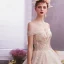 Elegant Champagne Wedding Dresses 2019 A-Line / Princess Off-The-Shoulder Short Sleeve Backless Appliques Lace Beading Sequins Glitter Tulle Chapel Train Ruffle