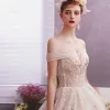 Elegant Champagne Wedding Dresses 2019 A-Line / Princess Off-The-Shoulder Short Sleeve Backless Appliques Lace Beading Sequins Glitter Tulle Chapel Train Ruffle