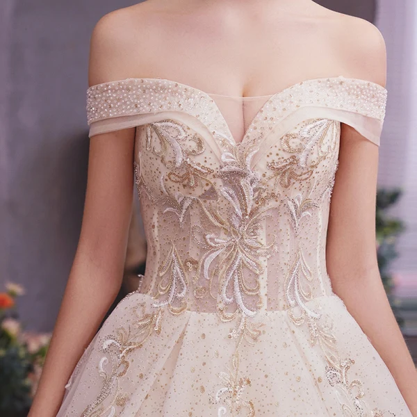 Elegant Champagne Wedding Dresses 2019 A-Line / Princess Off-The-Shoulder Short Sleeve Backless Appliques Lace Beading Sequins Glitter Tulle Chapel Train Ruffle