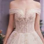 Elegant Champagne Wedding Dresses 2019 A-Line / Princess Off-The-Shoulder Short Sleeve Backless Appliques Lace Beading Sequins Glitter Tulle Chapel Train Ruffle
