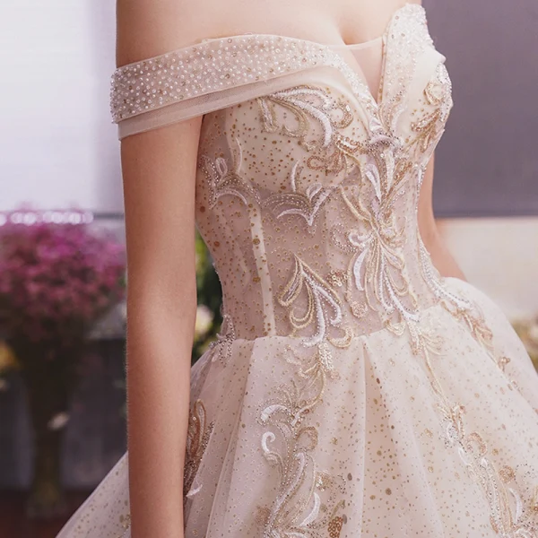 Elegant Champagne Wedding Dresses 2019 A-Line / Princess Off-The-Shoulder Short Sleeve Backless Appliques Lace Beading Sequins Glitter Tulle Chapel Train Ruffle