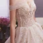 Elegant Champagne Wedding Dresses 2019 A-Line / Princess Off-The-Shoulder Short Sleeve Backless Appliques Lace Beading Sequins Glitter Tulle Chapel Train Ruffle