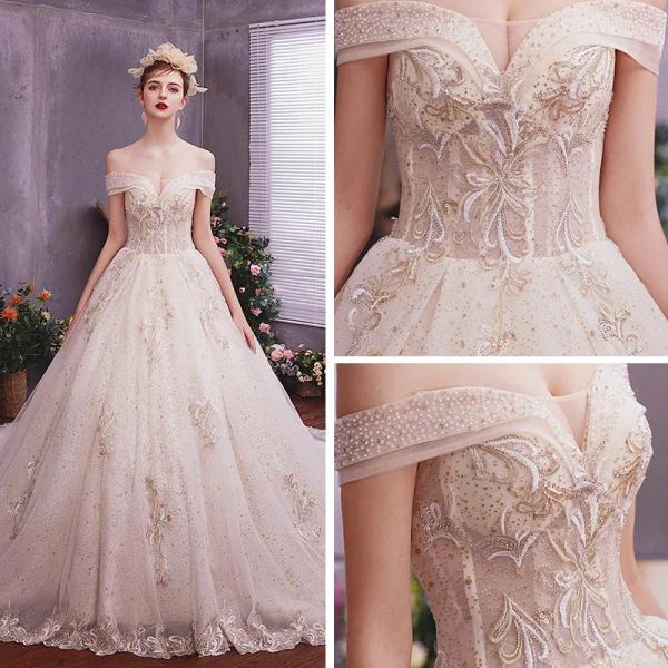 Elegant Champagne Wedding Dresses 2019 A-Line / Princess Off-The-Shoulder Short Sleeve Backless Appliques Lace Beading Sequins Glitter Tulle Chapel Train Ruffle
