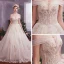 Elegant Champagne Wedding Dresses 2019 A-Line / Princess Off-The-Shoulder Short Sleeve Backless Appliques Lace Beading Sequins Glitter Tulle Chapel Train Ruffle