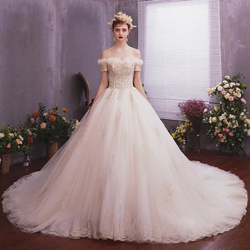 Classy Champagne Wedding Dresses 2019 A Line Princess Off The Shoulder Short Sleeve Backless Appliques Lace Beading Pearl Cathedral Train Ruffle