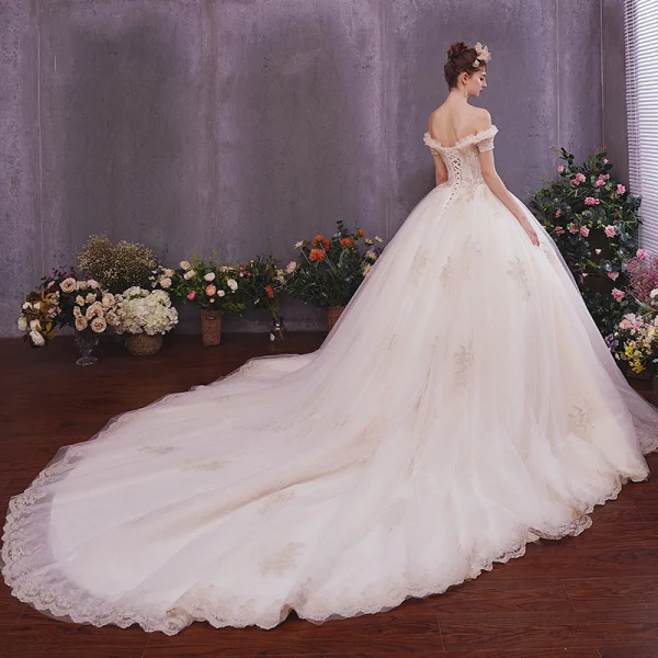 Classy Champagne Wedding Dresses 2019 A-Line / Princess Off-The-Shoulder Short Sleeve Backless Appliques Lace Beading Pearl Cathedral Train Ruffle