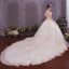 Classy Champagne Wedding Dresses 2019 A-Line / Princess Off-The-Shoulder Short Sleeve Backless Appliques Lace Beading Pearl Cathedral Train Ruffle