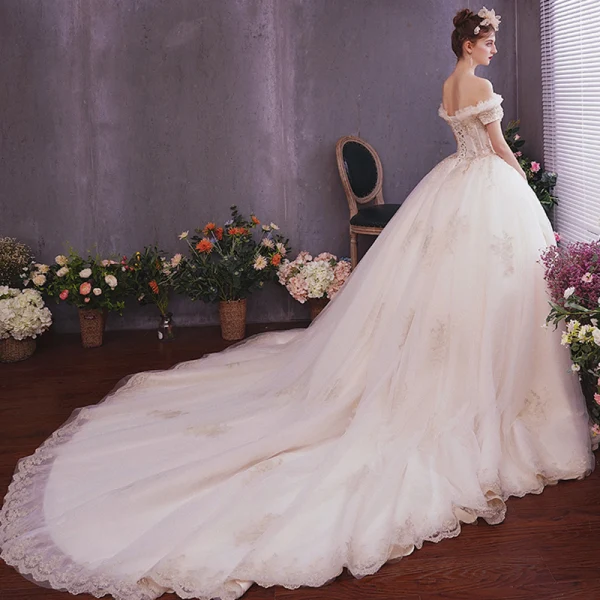Classy Champagne Wedding Dresses 2019 A-Line / Princess Off-The-Shoulder Short Sleeve Backless Appliques Lace Beading Pearl Cathedral Train Ruffle