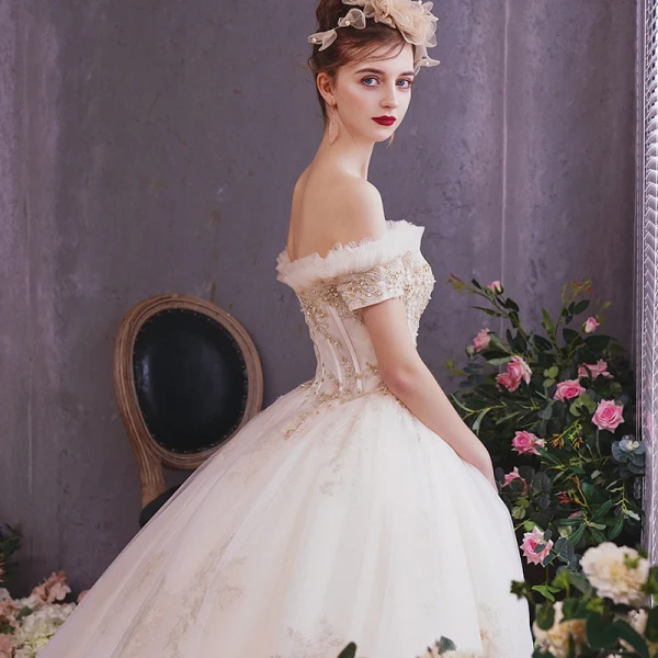 Classy Champagne Wedding Dresses 2019 A-Line / Princess Off-The-Shoulder Short Sleeve Backless Appliques Lace Beading Pearl Cathedral Train Ruffle