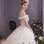 Classy Champagne Wedding Dresses 2019 A-Line / Princess Off-The-Shoulder Short Sleeve Backless Appliques Lace Beading Pearl Cathedral Train Ruffle
