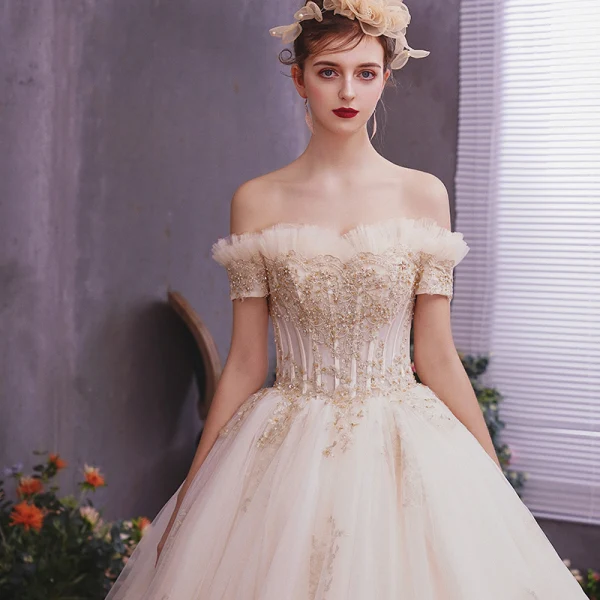 Classy Champagne Wedding Dresses 2019 A-Line / Princess Off-The-Shoulder Short Sleeve Backless Appliques Lace Beading Pearl Cathedral Train Ruffle