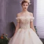 Classy Champagne Wedding Dresses 2019 A-Line / Princess Off-The-Shoulder Short Sleeve Backless Appliques Lace Beading Pearl Cathedral Train Ruffle