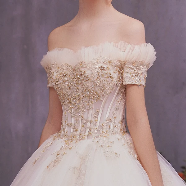Classy Champagne Wedding Dresses 2019 A-Line / Princess Off-The-Shoulder Short Sleeve Backless Appliques Lace Beading Pearl Cathedral Train Ruffle