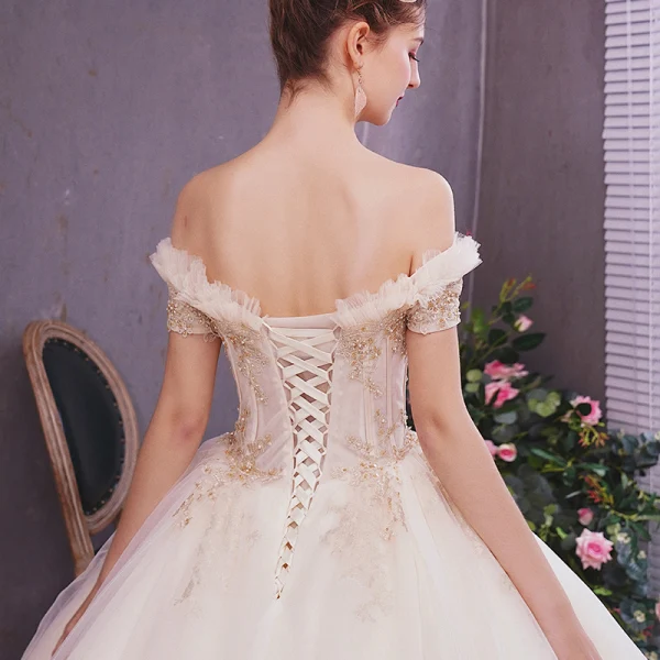 Classy Champagne Wedding Dresses 2019 A-Line / Princess Off-The-Shoulder Short Sleeve Backless Appliques Lace Beading Pearl Cathedral Train Ruffle