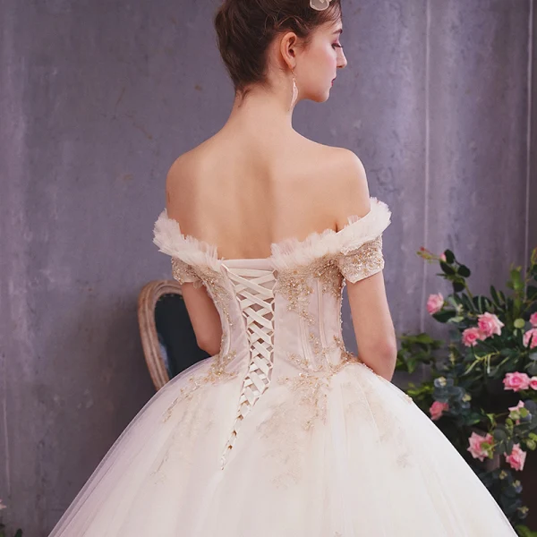 Classy Champagne Wedding Dresses 2019 A-Line / Princess Off-The-Shoulder Short Sleeve Backless Appliques Lace Beading Pearl Cathedral Train Ruffle