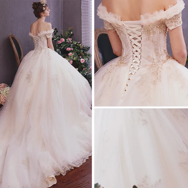 Classy Champagne Wedding Dresses 2019 A-Line / Princess Off-The-Shoulder Short Sleeve Backless Appliques Lace Beading Pearl Cathedral Train Ruffle