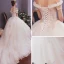 Classy Champagne Wedding Dresses 2019 A-Line / Princess Off-The-Shoulder Short Sleeve Backless Appliques Lace Beading Pearl Cathedral Train Ruffle