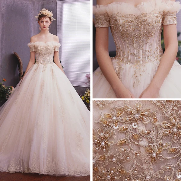 Classy Champagne Wedding Dresses 2019 A-Line / Princess Off-The-Shoulder Short Sleeve Backless Appliques Lace Beading Pearl Cathedral Train Ruffle