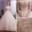 Classy Champagne Wedding Dresses 2019 A-Line / Princess Off-The-Shoulder Short Sleeve Backless Appliques Lace Beading Pearl Cathedral Train Ruffle