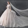 Luxury / Gorgeous Vintage / Retro Champagne See-through Wedding Dresses 2019 Ball Gown High Neck Cap Sleeves Backless Appliques Lace Handmade  Beading Cathedral Train Ruffle